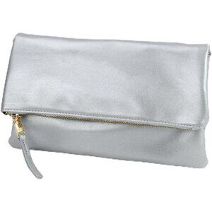 Women's Zipper Foldover Clutch Vegan Leather Silver
